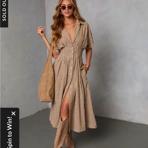 Vici Beige Gingham Midi Dress with Front Slit